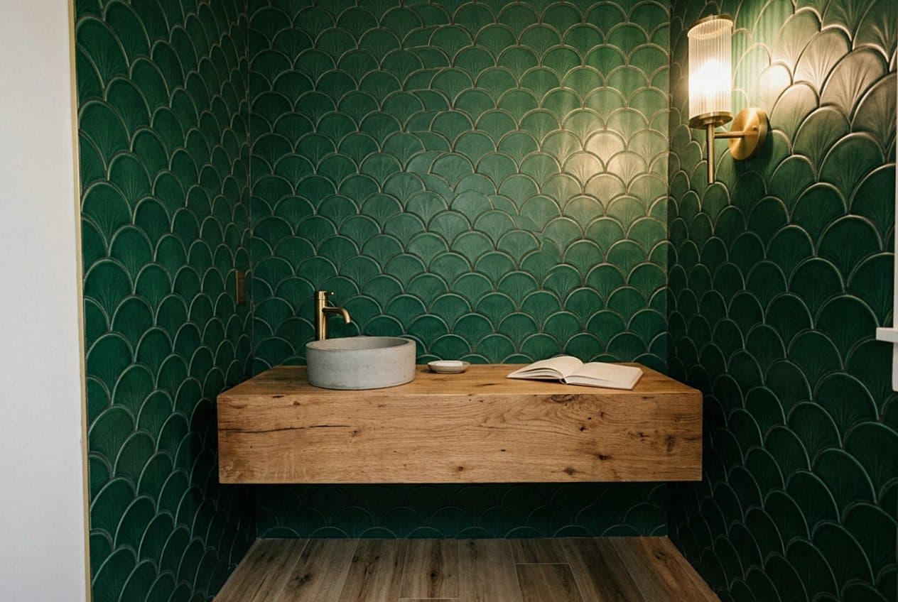 Dark green scalloped tile wall behind a round vanity